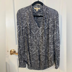 Michael Kors Metallic Silver Black Gray Pattern Blouse V Neck Top Work W…